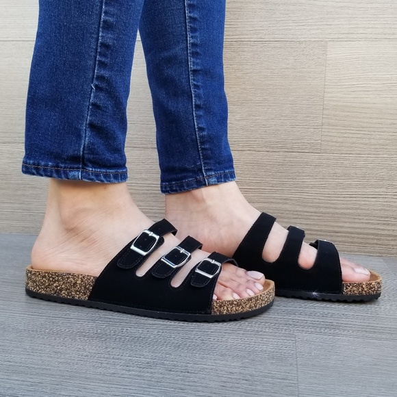 Shoes - Black Velvet 3 Buckle Strap Slider Sandals-C